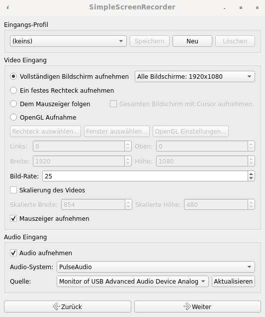 SimpleScreenRecorder-Einstellungen, um Video+Audio aufzunehmen