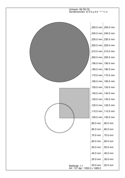 (Maßstab 1:1) PS-Test indem der ausgefüllte Kreis nicht mit dem Maßstab skaliert, weil seine Werte in "mm" angegeben wurden; das Viereck, um dessen untere linke Ecke sich drei Ringe/Kreise ausbreiten, skaliert samt der Kreise mit dem Maßstab, weil seine Werte ohne die "mm"-Angabe gesetzt wurden