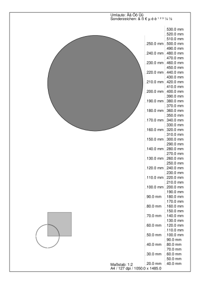 (Maßstab 1:2) PS-Test indem der ausgefüllte Kreis nicht mit dem Maßstab skaliert, weil seine Werte in "mm" angegeben wurden; das Viereck, um dessen untere linke Ecke sich drei Ringe/Kreise ausbreiten, skaliert samt der Kreise mit dem Maßstab, weil seine Werte ohne die "mm"-Angabe gesetzt wurden