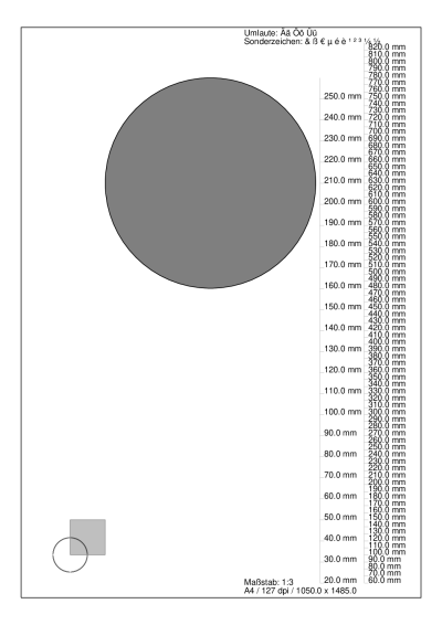 (Maßstab 1:3) PS-Test indem der ausgefüllte Kreis nicht mit dem Maßstab skaliert, weil seine Werte in "mm" angegeben wurden; das Viereck, um dessen untere linke Ecke sich drei Ringe/Kreise ausbreiten, skaliert samt der Kreise mit dem Maßstab, weil seine Werte ohne die "mm"-Angabe gesetzt wurden